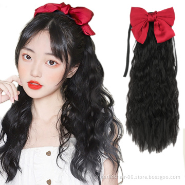 Wholesale 20''Black Brown Long Kinky Curly Wave Synthetic Bowknot Drawetring Ponytail Wrap Clip in Hair Extension For Women